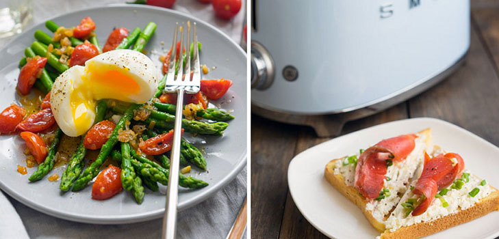 ความคิดของอาหารกลางวันฤดูร้อน: toasts กับปลาแซลมอนและสลัดหน่อไม้ฝรั่งอบอุ่น